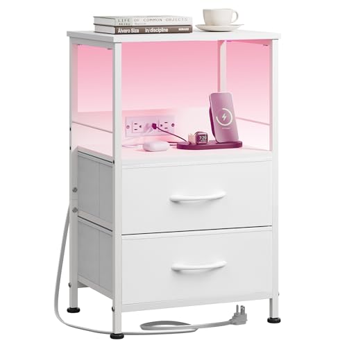 WLIVE White Night Stand with Charging Station, LED Nightstand with 2 Fabric Drawers and Storage Shelf, Dorm Bedside Table End Table with 2 USB Ports and Outlets, Small Dresser for Bedroom - color: White