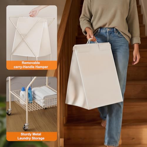 Laundry Basket with Wheels:88L Rolling Laundry Cart Foldable Metal Frame Dirty Clothes Laundry Hamper 36"H 4 Caster 2 Brake Waterproof Removable Liner Carry Handle for Dorm Laundry Room,Cream - color: Cream