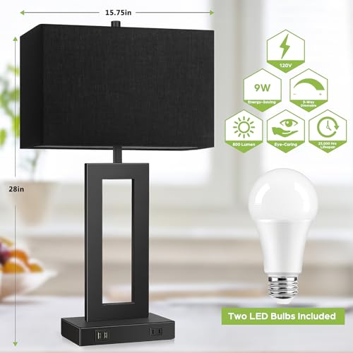 TOBUSA 28’’ Tall Black Lamps for Living Rooms Set of 2, Modern Touch Control Table Lamps for Bedroom, 3 Way Dimmable Bedside Lamps with 2 USB Ports&AC Outlet, High-end Decor Lamp for Home Office | 3 Way Dimmable, Touch Control, Black Fabric Shade, Large D