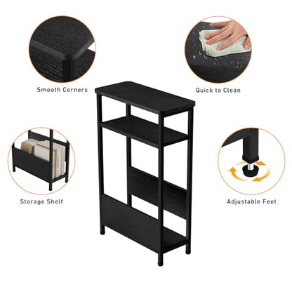 THUMEYE 7.1" Narrow Side Table for Small Spaces, 3 Tier Small End Table with Magazine Holder, Slim/Skinny Nightstand/Bedside Table for Living Room, Bedroom, 15.4" L x 24.2" H, Black - color: Black
