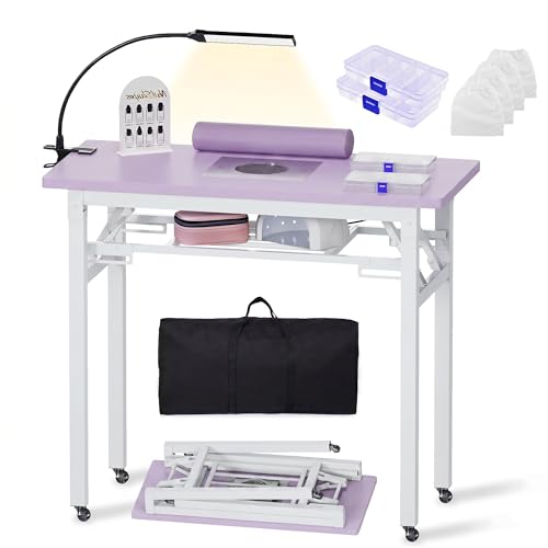 Portable Foldable Manicure Table with Dust Collector, Rolling Nail Tech Desk with LED Lamp, Wrist Rest, Lockable Wheels & Carrying Case for Home Salon, Travel & Mobile Nail Techs (Purple) - color: Purple