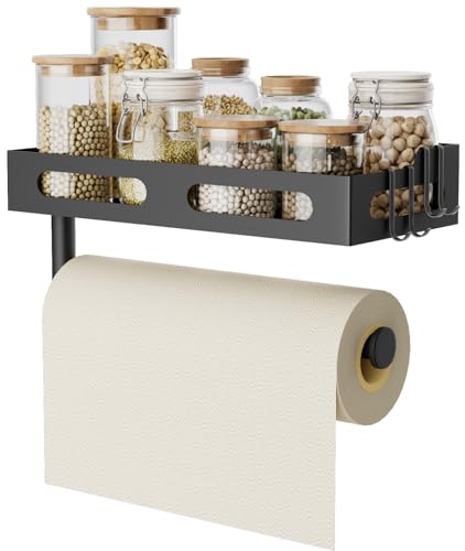 Paper Towel Holder Wall Mount for Kitchen, One-Handed Tear, Bathroom Paper Towel Holder with Shelf, RV Paper Towel Rack Wall Mount Paper Roll Holder with 4 Hooks, Matte Black - color: Matte Black