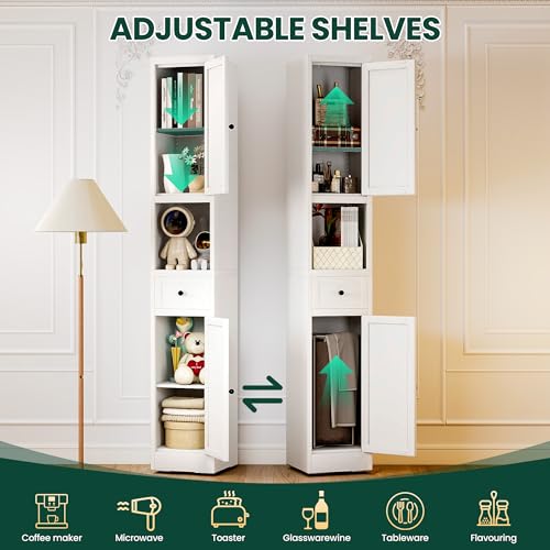 71" Tall Metal Bathroom Cabinet, 12" Slim Freestanding Locker with 2 Door & 1 Drawer, Narrow Storage Cabinet with Adjustable Shelves, for Small Spaces, Bathroom, Living Room, Modern - White