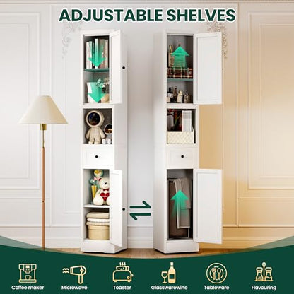 71" Tall Metal Bathroom Cabinet, 12" Slim Freestanding Locker with 2 Door & 1 Drawer, Narrow Storage Cabinet with Adjustable Shelves, for Small Spaces, Bathroom, Living Room, Modern - White