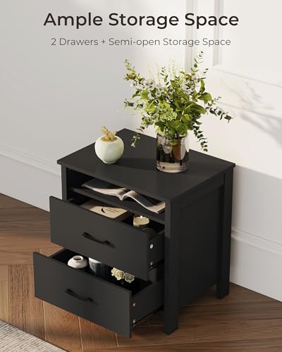 Farmhouse Nightstand Set of 2, Rustic Nightstand with 2 Drawers, Wood End Table with Open Shelf, Side Table for Bedroom, Black - color: Black, size: 2 Pieces