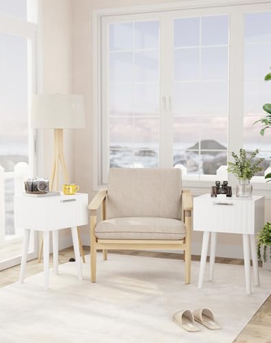 YMYNY Fluted Nightstand Set of 2, Small End Table, Modern Coffee Table with Drawer, Solid Wood Legs, Retaining Chain, 13.8" x 10.6" x 20.9", for Bedroom and Small Spaces, White UHST014W-2 - color: White