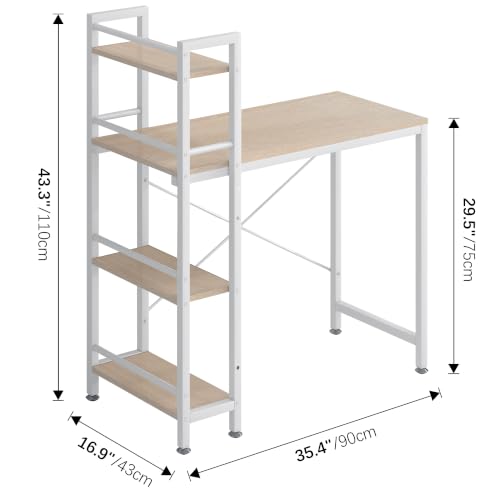 4NM 35.4" Small Computer Desk with 4-Tier Bookshelf and 8 Hooks, Home Office Desk Writing Workstation Study Table for Small Space Work - Natural and White