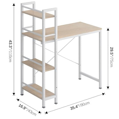 4NM 35.4" Small Computer Desk with 4-Tier Bookshelf and 8 Hooks, Home Office Desk Writing Workstation Study Table for Small Space Work - Natural and White