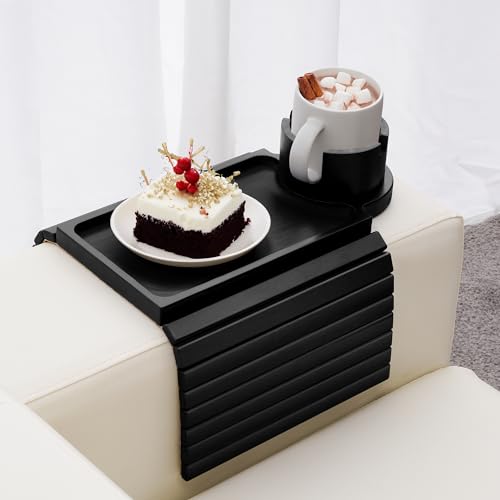 GHKINMAL Couch Cup Holder Tray, 3 in 1 Large Couch Arm Trays,Bamboo Chair Clip on Tray with 360° Ratated Phone Holder for Couch,Armrest Tray for Snacks,Remote,Phone - color: Black