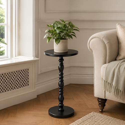 Round Side Table, Solid Wood Pedestal Drink Table for Small Spaces, Modern Accent End Table with Non-Slip Base for Living Room, Bedroom, Sofa Couch, Black - color: Black