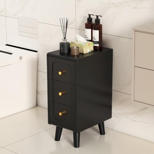 Narrow Nightstands with 3 Drawers, Wooden Farmhouse Bedside Tables, Slim End Tables with Storage, Small Night Stand for Bedroom, Living Room, Small Spaces - color: Black-3drawers-1pcs