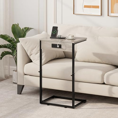 Vagusicc C Shaped End Tables Set of 2 with Charging Station, 33.2'' Tall C Table Adjustable Height Side Table, Small Side Table for Small Spaces, Couch Sofa Table TV Tray for Living Room, Greige - color: Greige (2 Pack), style: With Plug
