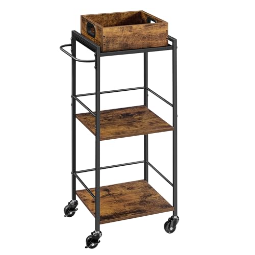 VASAGLE Kitchen Serving Cart with Removable Tray, 3-Tier Kitchen Utility Cart on Wheels with Storage, with Brakes, Leveling Feet, 11.8 x 13.7 x 33.9 Inches, Rustic Brown and Black ULRC062B01 - color: Rustic Brown + Black, size: 11.8"D x 13.7"W x 33.9"H