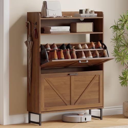 Shoe Cabinet with 2 Flip Drawers, Freestanding Hidden Shoe Storage Organizer for Entryway, Narrow Slim Shoe Rack Cabinet with Open Storage & Hooks for Front Door Entrance, Living Room, Hallway, Walnut - color: Walnut, size: 2 Flip Drawers