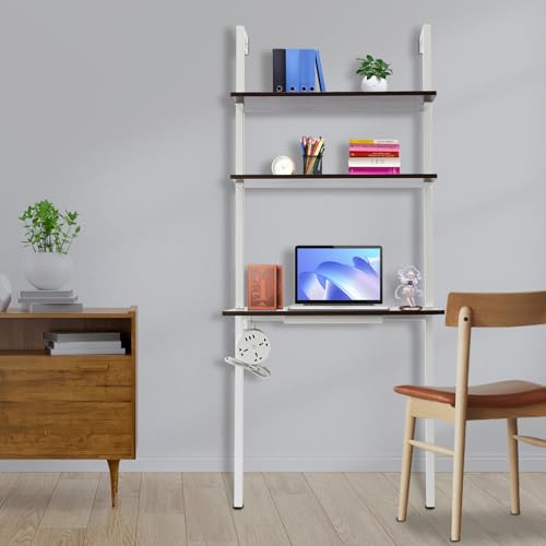 Ladder Desk, 3-Tier Industrial Wall Mount Ladder, 2-Shelf Wall Mount Computer Writing Table, Power Strip, 110.23lbs (First Tier) & 22.05lbs Load-Bearing Capacity (Brown, White, 30x20x72.5in) - color: Brown, White, size: 30x20x72.5in