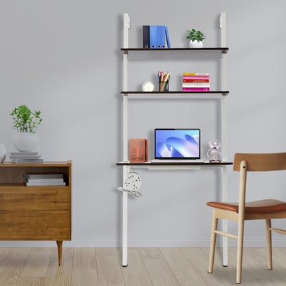 Ladder Desk, 3-Tier Industrial Wall Mount Ladder, 2-Shelf Wall Mount Computer Writing Table, Power Strip, 110.23lbs (First Tier) & 22.05lbs Load-Bearing Capacity (Brown, White, 30x20x72.5in) - color: Brown, White, size: 30x20x72.5in