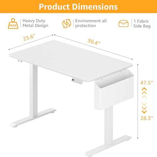 White Electric Sit To Stand Desk - 40 Inch Small Computer Desk Adjustable Height for Work Study Writing, Compact Sit Stand up Desks Table Workstation for Small Space Adult Boy Girl Home Office Bedroom - size: 39.4''
