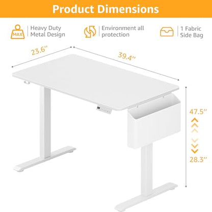 White Electric Sit To Stand Desk - 40 Inch Small Computer Desk Adjustable Height for Work Study Writing, Compact Sit Stand up Desks Table Workstation for Small Space Adult Boy Girl Home Office Bedroom - size: 39.4''