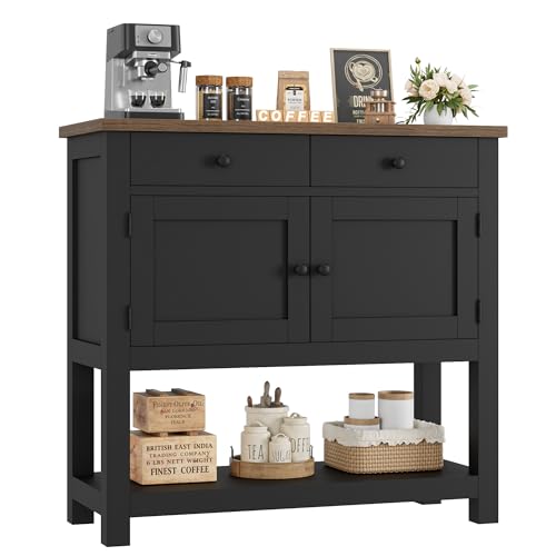 HOSTACK Farmhouse Console Table with Storage, 35.4" W Entryway Table, Black | Entry table with 2 Drawers & 2-Door Storage Cabinet, Sofa Buffet Table Sideboard for Kitchen, Hallway, Dining / Living room - color: Black