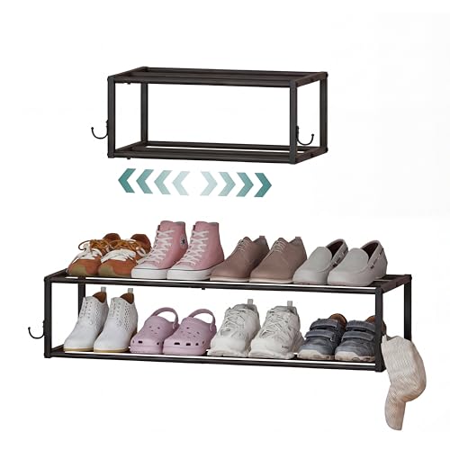 2 Pack 2-Tier Hanging Wall Mounted Shoe Rack, Space Saving Metal Expandable Shoe Rack Holds 12 Pairs, 16“-29” Adjustable Shoe Rack with 4 Hooks, Shoe Rack for Entryway Closet Door - size: 29.72" W x 11" L x 7.68" H