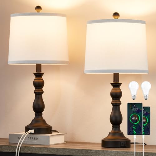 Farmhouse Side Table Lamps for Living Room Set of 2 with USB C+A Ports, Bedside Lamp for Bedroom, Dining Room Decor, Office, End Table, Knob Switch, 3 Color Temperatures, Bulb Included, Black - color: E.White, Black