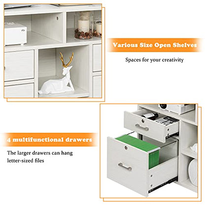 VINGLI Wood Mobile File Cabinet with 4 Drawers and Shelves, Printer Stand with Open Storage, Lockable Lateral Filing Cabinet for Home Office, Assembly Required, Light Beige Close to White - color: White