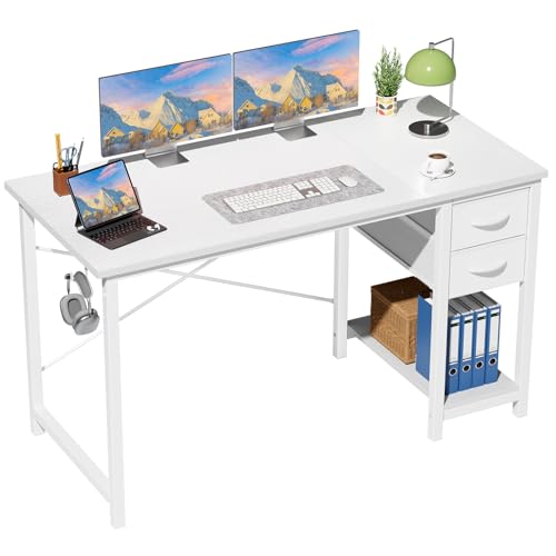 Sweetcrispy 47-Inch Computer Desk with Drawers, Office Desk, White | Small Desk for Bedroom Home Office with Side Hook, Modern Simple desk with storage for Writing - color: White, size: 47 Inches