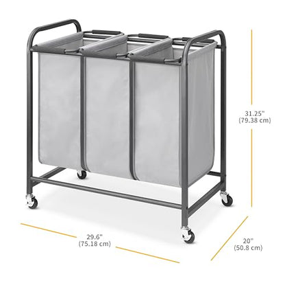 Whitmor Triple Laundry Sorter - 3 Removable Bags with Easy-Grip Handles - Rolling Laundry Sorter - Grey - size: 3 Section A，Grey