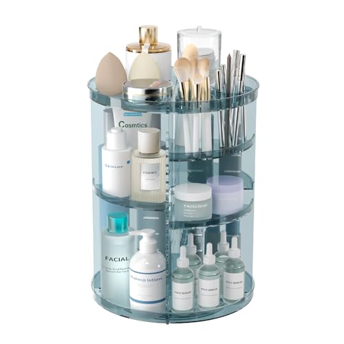 Rotating Makeup Organizer, DIY 8 Adjustable Layers Spinning Skincare Storage, Cosmetic Display Case with Brush Holder and Perfume Tray, Multi-Function Vanity Bathroom Countertop Organizer Clear Blue - color: Clear Blue