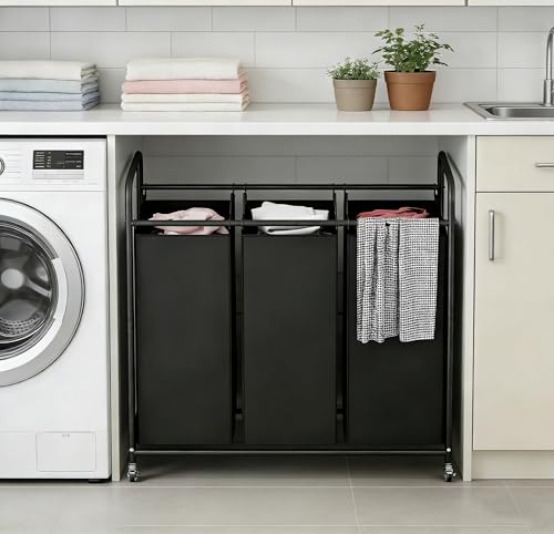 LINZINAR 3 Section Laundry Hamper, Black Laundry Basket 135L Laundry Sorter | Laundry Room Organization with Heavy Duty Rolling Lockable Wheels and Removable Bag, Bedroom Laundry Cart for Clothes Storage - size: 3 Bags Black