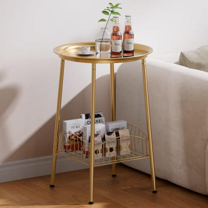 Small Outdoor Side Table, 2-Tier Round Metal Patio Table, Accent Table Waterproof, Weather Resistant End Table for Yard Porch Pool Balcony Garden Bedside (Gold) - color: Gold