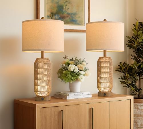 OYEARS 25" Table Lamps Set of 2 with Night Light,Bedside Lamps for Bedroom,Boho Lamps with USB C+A Charging Ports,Farmhouse Table Lamp with Rattan,Frosted Glass,Linen Shade (Wood Grain,Bulb Included) - color: Wood-Grain