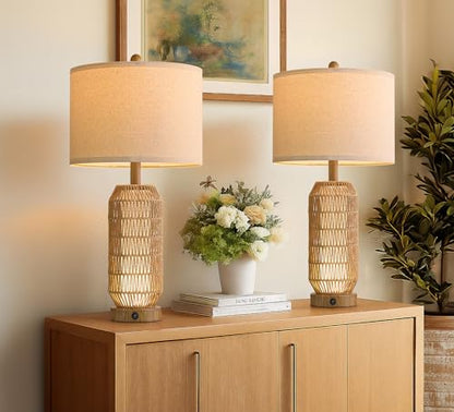 OYEARS 25" Table Lamps Set of 2 with Night Light,Bedside Lamps for Bedroom,Boho Lamps with USB C+A Charging Ports,Farmhouse Table Lamp with Rattan,Frosted Glass,Linen Shade (Wood Grain,Bulb Included) - color: Wood-Grain