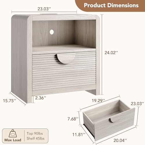 Fluted Nightstand with Charging Station, 23" Wide Wood Bedside Table with Drawer and Open Compartment, Mid Century End Table for Bedroom, Home Office, Walnut - color: Gray Oak, size: 1 pc