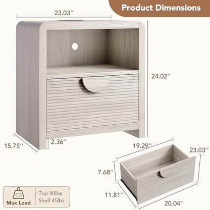 Fluted Nightstands Set of 2 with Charging Station, 23" Wide Wood Bedside Tables with Drawer and Open Compartment, Mid Century End Tables for Bedroom, Home Office, Gray Oak - color: Gray Oak, size: 2 pcs
