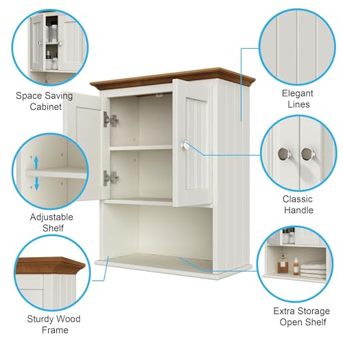 Treocho Wood Wall Cabinet, Bathroom Medicine Cabinet Storage with Doors and Adjustable Shelf, Rustic Cabinet Wall Mounted for Bathroom, Living Room, Kitchen, White & Brown - color: Farmhouse
