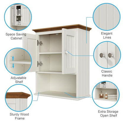 Treocho Wood Wall Cabinet, Bathroom Medicine Cabinet Storage with Doors and Adjustable Shelf, Rustic Cabinet Wall Mounted for Bathroom, Living Room, Kitchen, White & Brown - color: Farmhouse