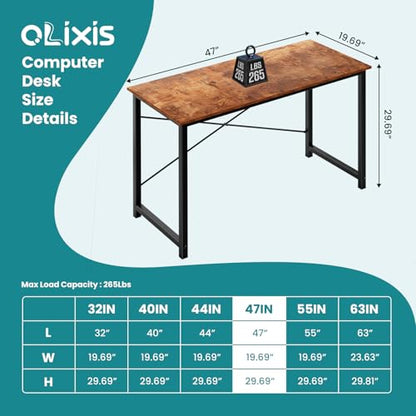 OLIXIS Home Office Computer Desk, Small Office 47-inch Writing and Study Desk, Bedroom Table with Metal Frame and Wooden Top, Compact Modern Study Table for Home Use, Rustic Brown - color: Rustic Brown, size: 47-In