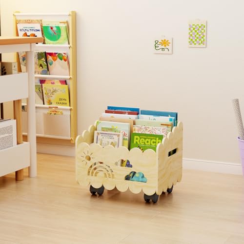 Wood Kids Bookshelf, Montessori Bookshelf, with 2 Adjustable Dividers, 4 Wheels Suitable Kids Rooms, Nursery & Classroom, Book Shelf for Kids Rooms, Toddler Book Rack, Nursery Book Shelves - color: Wood Color(rolling)