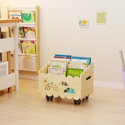 Wood Kids Bookshelf, Montessori Bookshelf, with 2 Adjustable Dividers, 4 Wheels Suitable Kids Rooms, Nursery & Classroom, Book Shelf for Kids Rooms, Toddler Book Rack, Nursery Book Shelves - color: Wood Color(rolling)