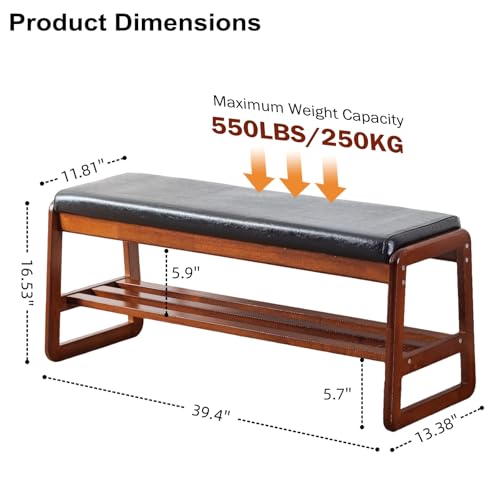 SOBIBO Solid Wood Shoe Bench, 2-Tier Wooden Entryway Bench, Modern Shoe Rack with Cushion for Hallway, Living Room (Black, 39.4'') - color: Black, size: 39.4 inches