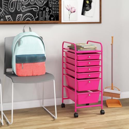 DREAMADE Rolling Cart with Storage Drawers, Utility Cart w/Removable Plastic Drawers, Lockable Wheels, Art Cart for Classroom Organization Art Supplies Office Scrapbook (6 Drawers, Hot Pink) - color: Hot Pink, style: 6 Drawers