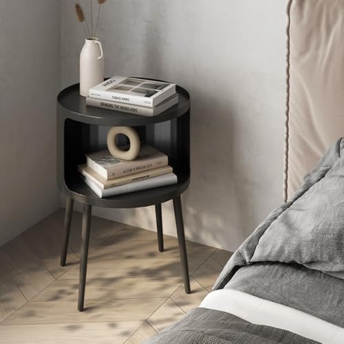 ZHBHHYZ Modern Round Side Table with Open Storage, Metal Nightstand End Table, Bedside Table for Living Room and Bedroom, Matte Black - color: Black-round