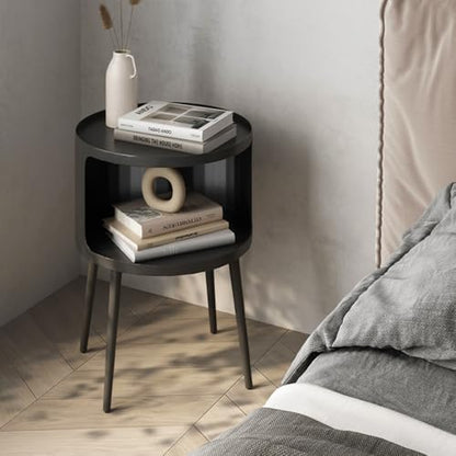 ZHBHHYZ Modern Round Side Table with Open Storage, Metal Nightstand End Table, Bedside Table for Living Room and Bedroom, Matte Black - color: Black-round