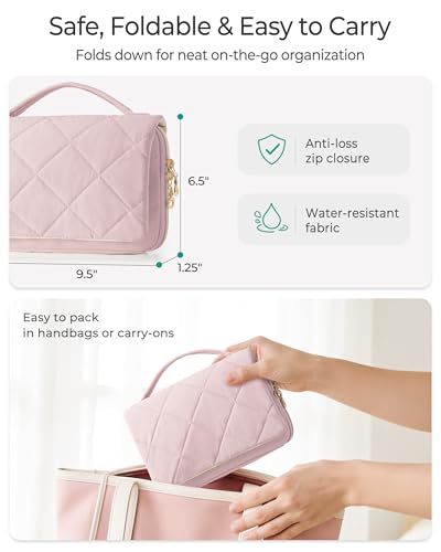 Marscamd Travel Jewelry Organizer Case, Foldable Jewelry Bag, Pink | with Multi Pockets for Earrings, Rings, Necklaces, Bracelets, Brooches - color: Pink