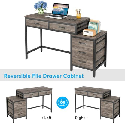 Tribesigns Computer Desk with 5 Drawers, Home Office Desks with Reversible Drawer Cabinet Printer Stand, Industrial PC Desk with Storage, Grey Study Writing Table Workstation for Small Spaces - color: Grey