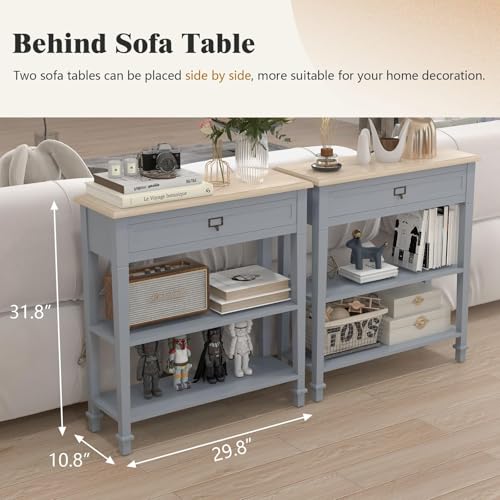 Kinpaw Narrow Console Table with Storage- Bluish Grey Entryway Table, Small Sofa Table with Drawer & Storage Shelf for Hallway, Entryway, Foyer, Behind Couch, Living Room Furniture,Wood - color: Grey-2 Shelves