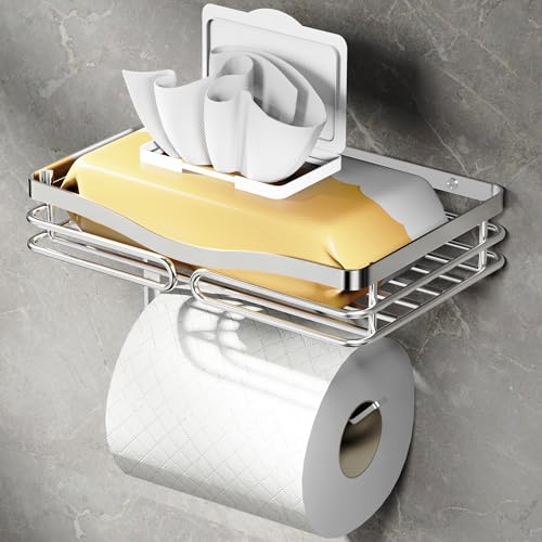 YIGII Toilet Paper Holder with Shelf, Adhesive or Drilling Toilet Paper Roll Holder for Bathroom, Rustproof Tissue Roll Holder Wall Mounted for Wipe Storage (Silver) - color: Silver