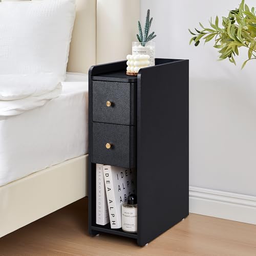 Narrow Nightstand Set of 2, Wooden Small 2 Drawer Nightstand, Slim Side End Table, Skinny Bedside Table, Mid Century Modern Night Stand with Drawers for Bedroom (Black-2 pcs) - color: Black-2 Pcs