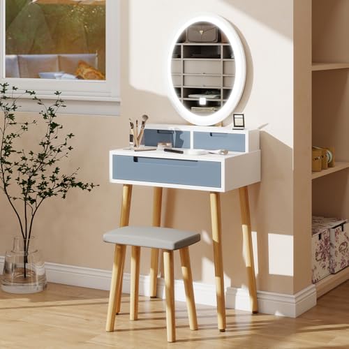 YOURLITE Small Makeup Vanity Desk with Lights, Compact Vanity Desk with Adjustable Brightness Mirror for Small Spaces, Dressing Table with Drawers and Storage Shelves, Grey - size: 24", style: Oval Mirror Grey with shelf